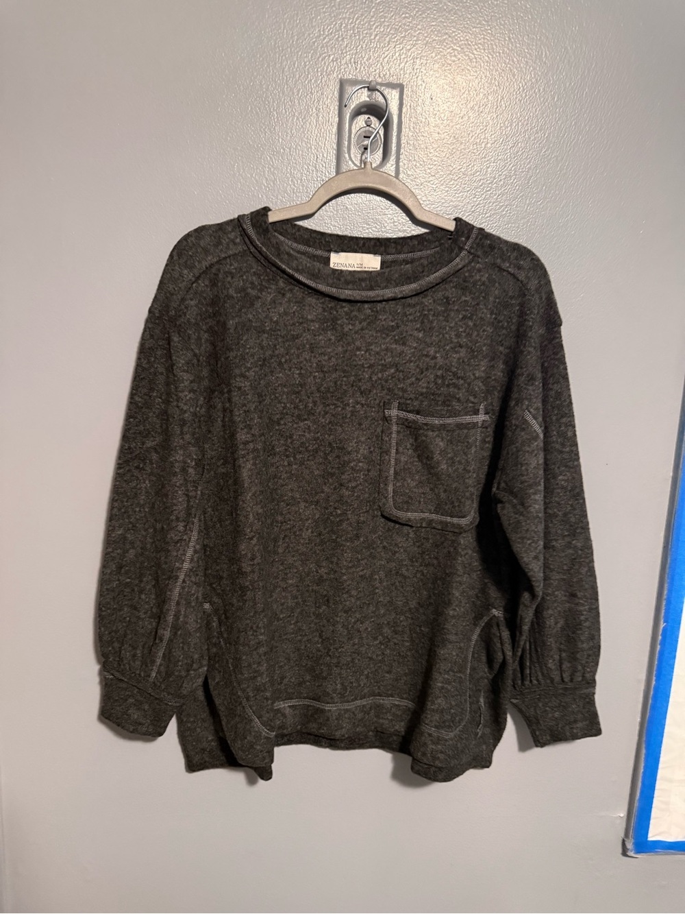 Zenana Super Soft Charcoal Pocket Lightweight Sweatshirt Top BB14 - Picture 2 of 6